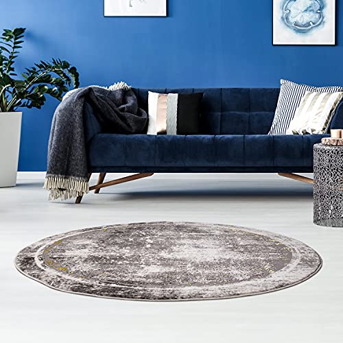 carpet city Teppich Bordüre Wohnzimmer - 160 cm Rund Grau Meliert - Moderne Teppiche Kurzflor von carpet city