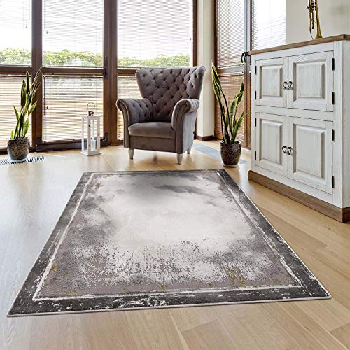 carpet city Teppich Bordüre Wohnzimmer - 160x230 cm Grau Golden Meliert - Moderne Teppiche Kurzflor von carpet city