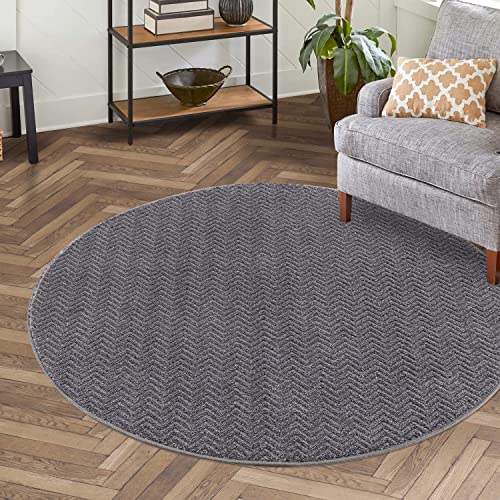 carpet city Teppich Einfarbig Grau Wohnzimmer - Rund 200x200 cm - Hochtief-Chevron-Muster, 3D-Effekt - Kurzflor Teppiche Modern - Deko Home&Living von carpet city