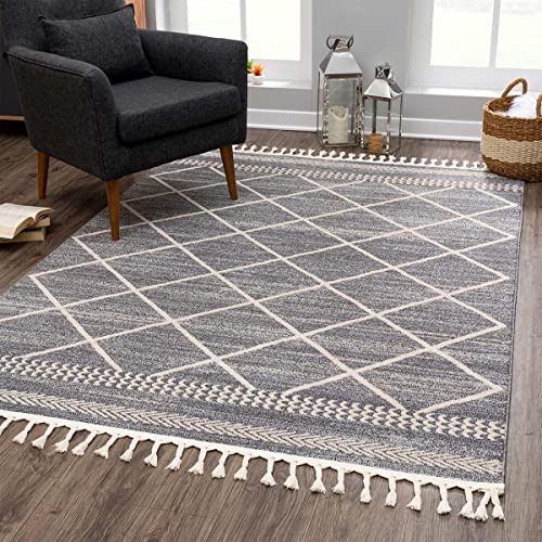 carpet city Teppich Ethno Wohnzimmer Grau - 200x290 cm - Raute-Berber-Muster - Boho-Teppiche Kurzflor Modern - Fransenteppich Tricolor Soft&Weich - Flachflor Schlafzimmer von carpet city