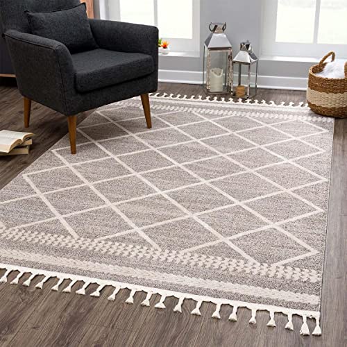 carpet city Teppich Ethno Wohnzimmer Mocca - 160x230 cm - Raute-Berber-Muster - Boho-Teppiche Kurzflor Modern - Fransenteppich Tricolor Soft&Weich - Flachflor Schlafzimmer von carpet city