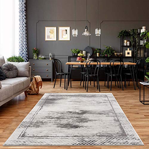 carpet city Teppich Grau Meliert Wohnzimmer - 120x170 cm - Bordüre, Rauten Muster - Moderne Teppiche Kurzflor von carpet city