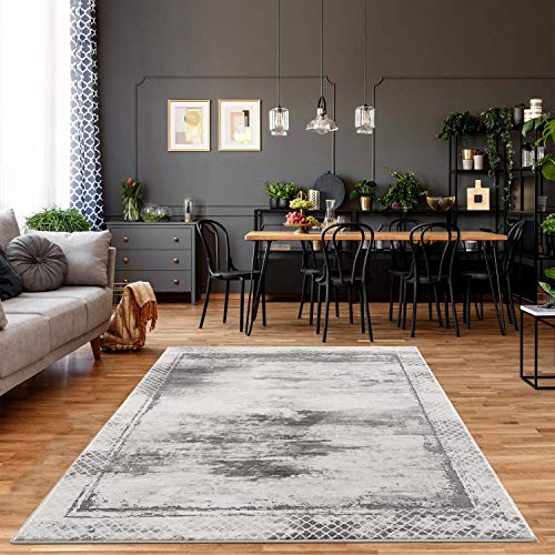 carpet city Teppich Grau Meliert Wohnzimmer - 140x200 cm - Bordüre, Rauten Muster - Moderne Teppiche Kurzflor von carpet city