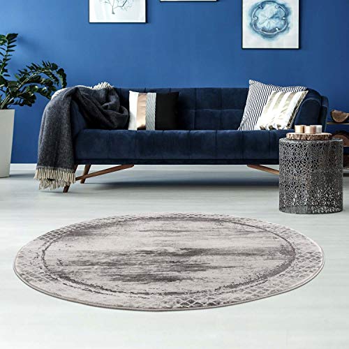 carpet city Teppich Grau Meliert Wohnzimmer - 160 cm Rund - Bordüre, Rauten Muster - Moderne Teppiche Kurzflor von carpet city