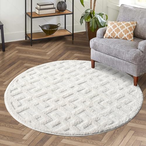 carpet city Teppich Hochflor Wohnzimmer - 120 cm Rund - Einfarbig Weiß/Creme - Geometrisches Hochtief-Muster/ 3D-Effekt - Shaggy Teppiche Schlafzimmer Boho, Scandi von carpet city