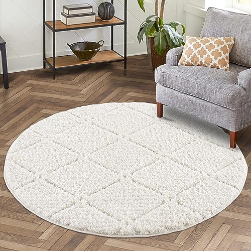 carpet city Teppich Hochflor Wohnzimmer - 120x120 cm Rund - Landhaus-Stil Einfarbig Creme - Cut-Loop, Hochtief, 3D-Effekt - Shaggy Teppiche Flauschig-Weich Schlafzimmer Langflor von carpet city