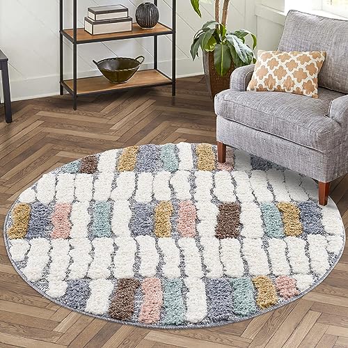 carpet city Teppich Hochflor Wohnzimmer - 120x120 cm Rund - Modern Geo-Muster Mehrfarbig - Cut-Loop, Hochtief, 3D-Effekt - Shaggy Teppiche Flauschig-Weich Schlafzimmer Langflor von carpet city