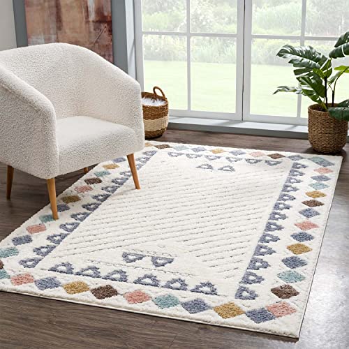 carpet city Teppich Hochflor Wohnzimmer - 120x170 cm - Boho-Style Bordüre Creme Multi - Cut-Loop, Hochtief, 3D-Effekt - Shaggy Teppiche Flauschig-Weich Schlafzimmer Langflor von carpet city