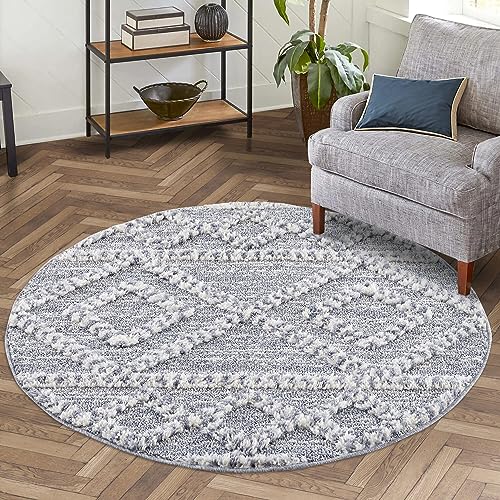 carpet city Teppich Hochflor Wohnzimmer - 160x160 cm Rund - Landhaus-Stil Ethno Grau - Cut-Loop, Hochtief, 3D-Effekt - Shaggy Teppiche Flauschig-Weich Schlafzimmer Langflor von carpet city