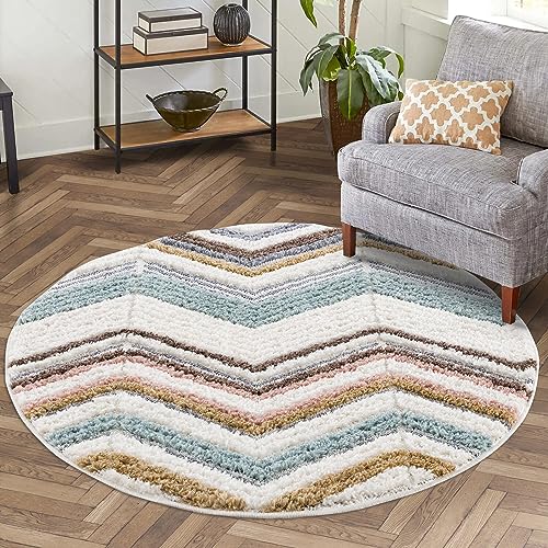 carpet city Teppich Hochflor Wohnzimmer - 160x160 cm Rund - Modern Chevron, Zickzack Mehrfarbig - Cut-Loop, Hochtief, 3D-Effekt - Shaggy Teppiche Flauschig-Weich Schlafzimmer Langflor von carpet city