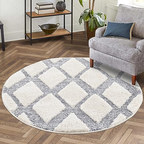 carpet city Teppich Hochflor Wohnzimmer - 160x160 cm Rund - Scandi, Landhaus-Stil Creme Grau - Cut-Loop, Hochtief, 3D-Effekt - Shaggy Teppiche Flauschig-Weich Schlafzimmer Langflor von carpet city