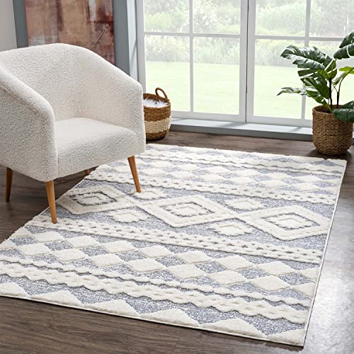 carpet city Teppich Hochflor Wohnzimmer - 160x230 cm - Landhaus-Stil Ethno Grau Creme - Cut-Loop, Hochtief, 3D-Effekt - Shaggy Teppiche Flauschig-Weich Schlafzimmer Langflor von carpet city