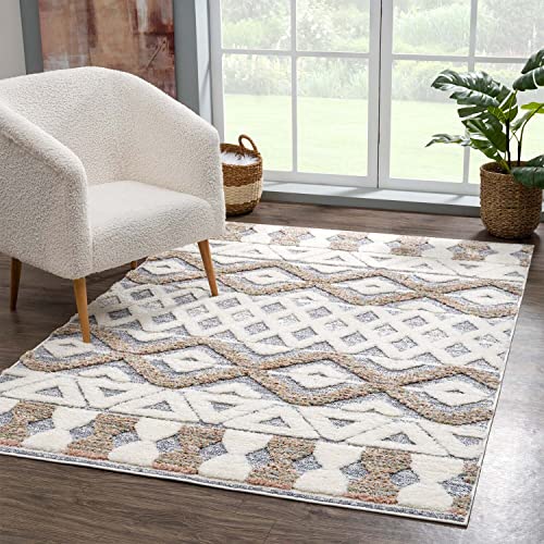 carpet city Teppich Hochflor Wohnzimmer - 160x230 cm - Scandi-Look Ethno Creme Grau - Cut-Loop, Hochtief, 3D-Effekt - Shaggy Teppiche Flauschig-Weich Schlafzimmer Langflor von carpet city