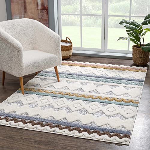 carpet city Teppich Hochflor Wohnzimmer - 200x290 cm - Boho-Stil Ethno Creme Multi - Cut-Loop, Hochtief, 3D-Effekt - Shaggy Teppiche Flauschig-Weich Schlafzimmer Langflor von carpet city