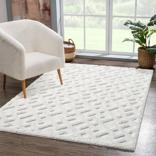 carpet city Teppich Hochflor Wohnzimmer - 200x290 cm - Einfarbig Weiß/Creme - Geometrisches Hochtief-Muster/ 3D-Effekt - Shaggy Teppiche Schlafzimmer Boho, Scandi von carpet city