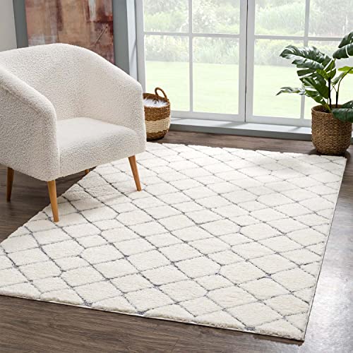 carpet city Teppich Hochflor Wohnzimmer - 200x290 cm - Scandi-Stil Raute-Optik Creme Grau - Cut-Loop, Hochtief, 3D-Effekt - Shaggy Teppiche Flauschig-Weich Schlafzimmer Langflor von carpet city