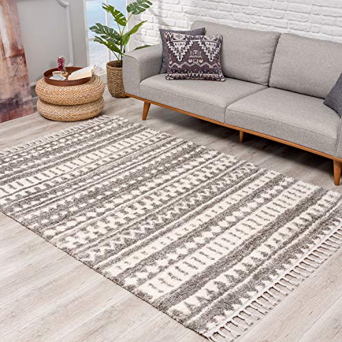 Teppich Hochflor Wohnzimmer - Ethno-Design 200x290 cm Grau Creme - Teppiche mit Fransen von carpet city