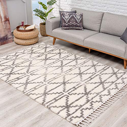 carpet city Teppich Hochflor Wohnzimmer - Ethno Skandi Stil 240x340 cm Creme - Teppiche mit Fransen von carpet city