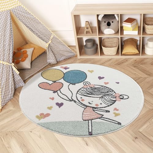 Teppich Kinderzimmer 120 cm Rund - Kinderteppich Creme, Bunt - Cartoon, Mädchen, Herzen - Spielteppich Kinder - Babyzimmer Deko von carpet city