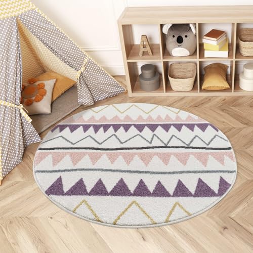 carpet city Teppich Kinderzimmer 120 cm Rund - Kinderteppich Creme, Lila - Zickzack-Muster - Spielteppich Kinder - Babyzimmer Deko von carpet city