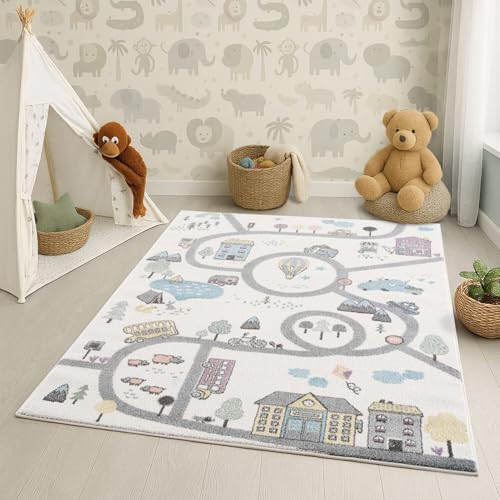 carpet city Teppich Kinderzimmer 120x160 cm - Kinderteppich Creme, Blau - Auto, Straßen - Spielteppich Kinder - Babyzimmer Deko von carpet city