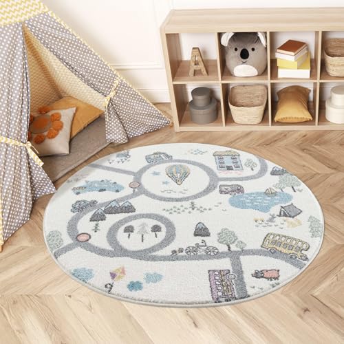 carpet city Teppich Kinderzimmer 160 cm Rund - Kinderteppich Creme, Blau - Auto, Straßen - Spielteppich Kinder - Babyzimmer Deko von carpet city