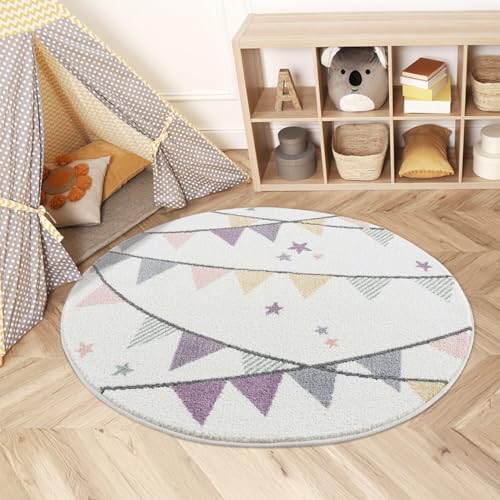 Teppich Kinderzimmer 160 cm Rund - Kinderteppich Creme, Lila - Wimpel, Sterne - Spielteppich Kinder - Babyzimmer Deko von carpet city