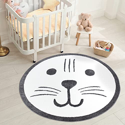 Teppich Kinderzimmer Bär 120 cm Rund - Creme, Grau - Runder Kinderteppich Kurzflor mit Teddy-Gesicht - Weicher Flor von carpet city