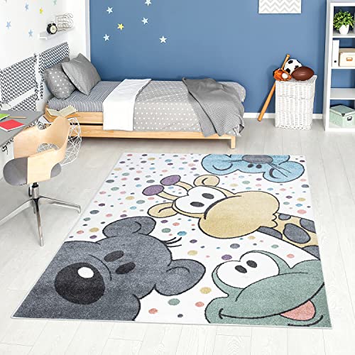 carpet city Teppich Kinderzimmer Cartoon - Mehrfarbig - 80x150 cm - Kinderteppich Kurzflor mit lustigen Tieren, Bunte Punkte - Weicher Flor von carpet city