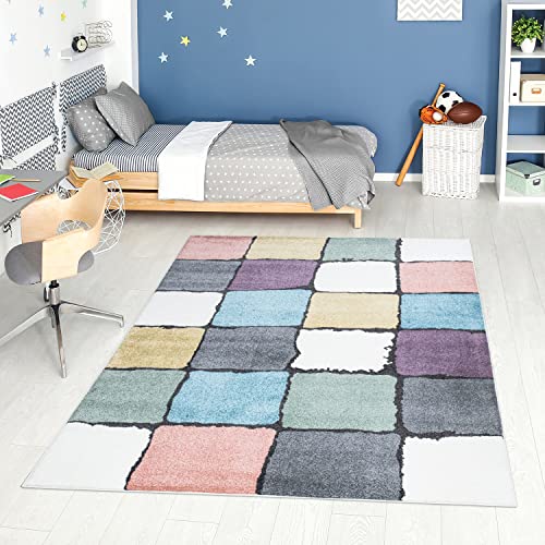 carpet city Teppich Kinderzimmer - Jugendzimmer-Teppich - 80x150 cm - Multi - Modern Karo-Muster - Kinderteppich Kurzflor - Moderner Teenager-Teppich von carpet city