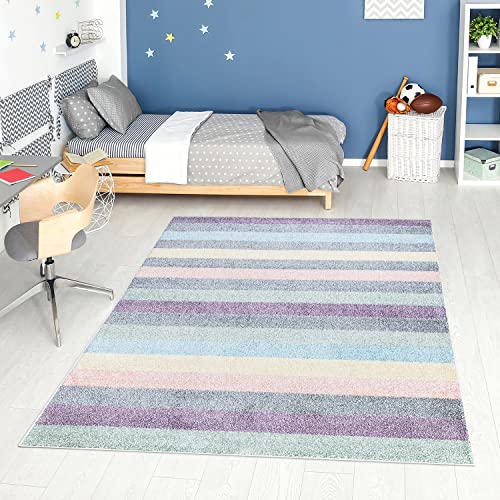 carpet city Teppich Kinderzimmer - Jugendzimmer-Teppich - 80x150 cm - Multi - Modern Streifen-Muster - Kinderteppich Kurzflor - Moderner Teenager-Teppich von carpet city