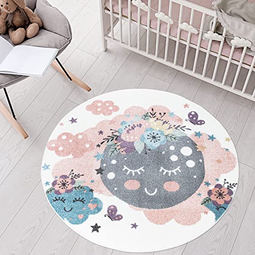 carpet city Teppich Kinderzimmer Mond - Creme, Multi - 160 cm Rund - Kinderteppich Kurzflor mit Wolken, Blumen, Sterne - Weicher Flor von carpet city