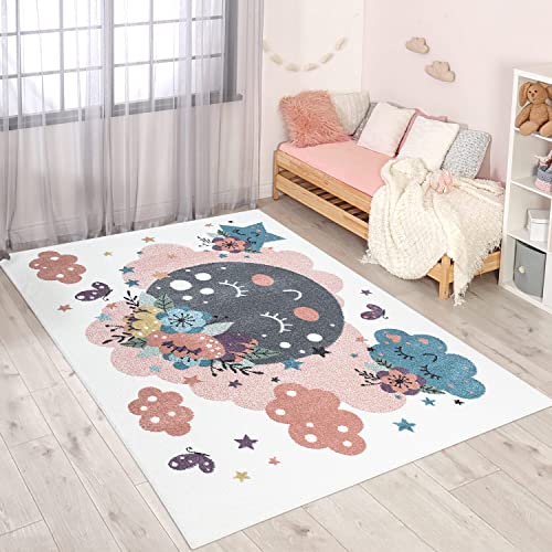 carpet city Teppich Kinderzimmer Mond - Creme, Multi - 80x150 cm - Kinderteppich Kurzflor mit Wolken, Blumen, Sterne - Weicher Flor von carpet city