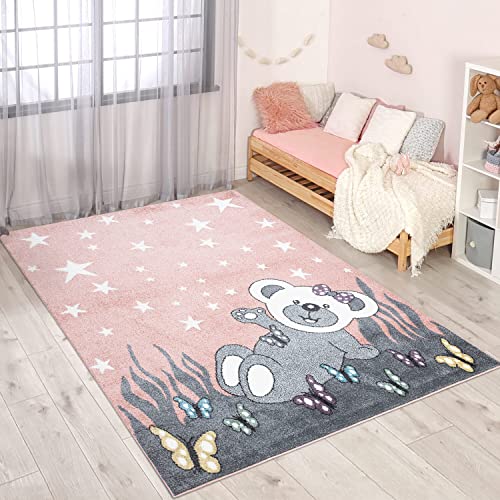 carpet city Teppich Kinderzimmer Teddy-Bär - Rosa, Grau - 80x150 cm - Kinderteppich Kurzflor mit Sternen, Schmetterlingen - Weicher Flor von carpet city