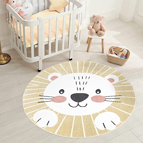 carpet city Teppich Kinderzimmer Tier-Motiv 120 cm Rund - Gelb - Runder Kinderteppich Kurzflor mit Löwe - Weicher Flor von carpet city