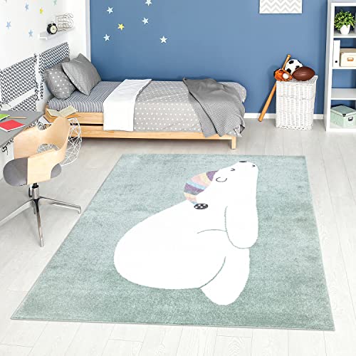 carpet city Teppich Kinderzimmer Tier-Motiv - Mint-Grün - 140x200 cm - Kinderteppich Kurzflor Bär mit Schlafmütze - Weicher Flor von carpet city