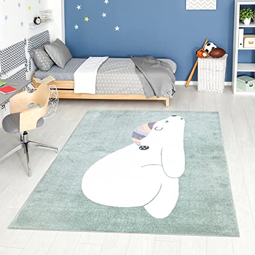 carpet city Teppich Kinderzimmer Tier-Motiv - Mint-Grün - 160x230 cm - Kinderteppich Kurzflor Bär mit Schlafmütze - Weicher Flor von carpet city