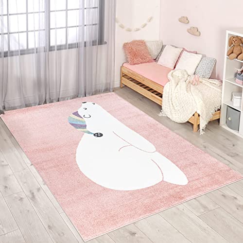 carpet city Teppich Kinderzimmer Tier-Motiv - Rosa - 120x160 cm - Kinderteppich Kurzflor Bär mit Schlafmütze - Weicher Flor von carpet city