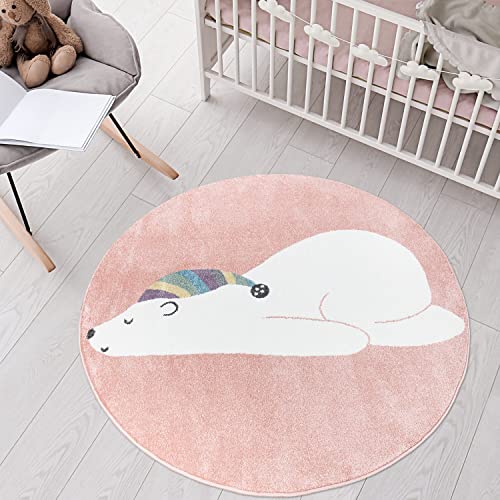 carpet city Teppich Kinderzimmer Tier-Motiv - Rosa - 160 cm Rund - Kinderteppich Kurzflor Bär mit Schlafmütze - Weicher Flor von carpet city