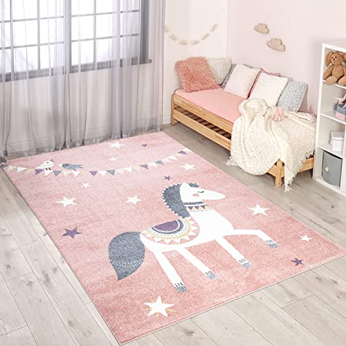 carpet city Teppich Kinderzimmer Tier-Motiv - Rosa - 80x150 cm - Kinderteppich Kurzflor mit Pferd, Wimpel - Weicher Flor von carpet city