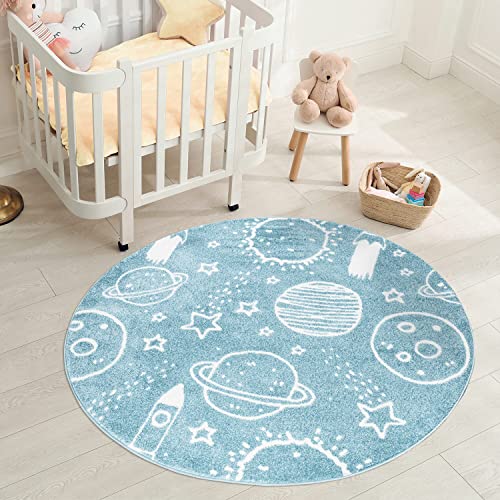 carpet city Teppich Kinderzimmer Weltall - Blau - 120 cm Rund - Kinderteppich Kurzflor mit Sternen, Raketen, Planeten - Weicher Flor von carpet city