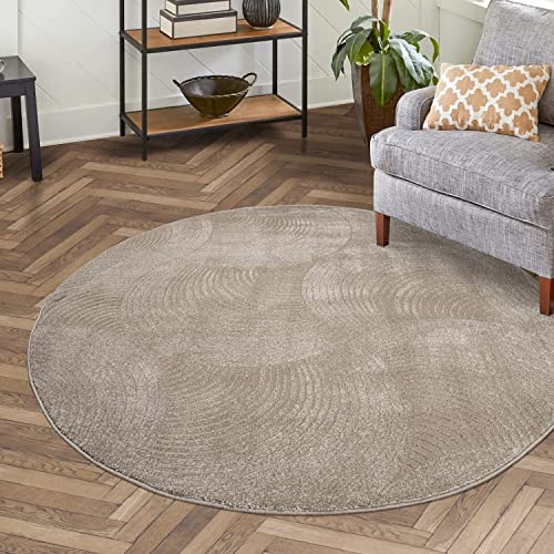 carpet city Teppich Kurzflor Wohnzimmer - Beige - 160 cm Rund - Friseé mit 3D-Effekt - Kreisförmiges Muster für Schlafzimmer Flur Esszimmer von carpet city