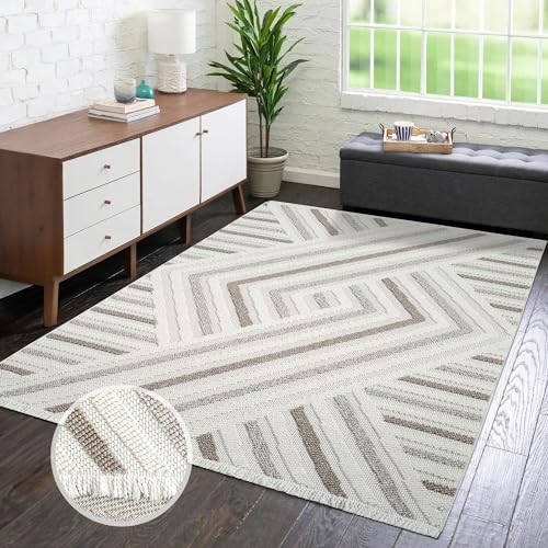 carpet city Teppich Kurzflor Wohnzimmer - Creme, Beige - 160x230 cm - Teppiche Fransen Boho-Style - Geo-Muster - Schlafzimmer, Esszimmer von carpet city