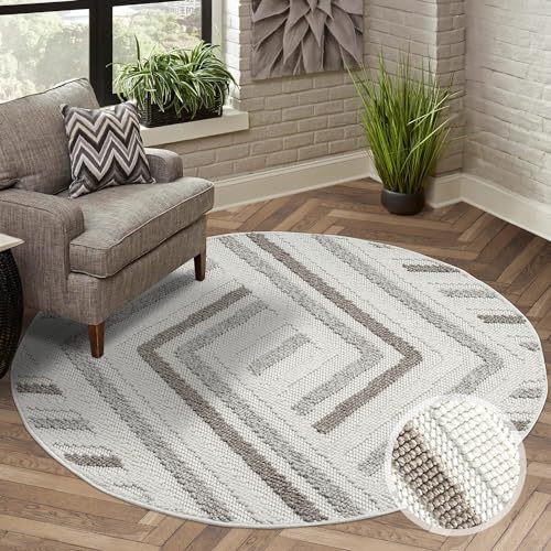 carpet city Teppich Kurzflor Wohnzimmer - Creme, Beige - 200x200 cm Rund - Teppiche Boho-Style - Geo-Muster - Schlafzimmer, Esszimmer von carpet city