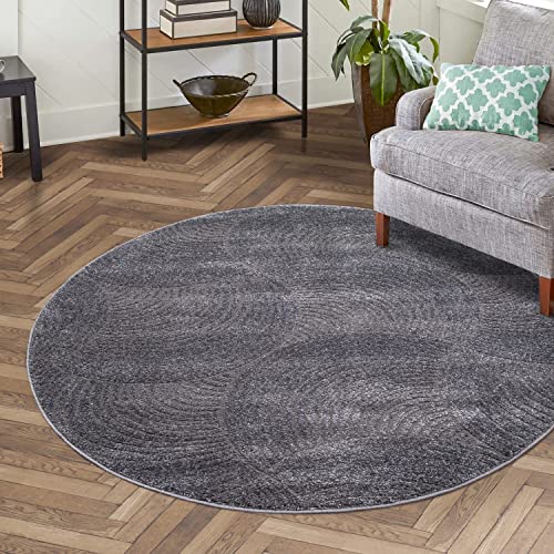 carpet city Teppich Kurzflor Wohnzimmer - Grau, Anthrazit - 160 cm Rund - Friseé mit 3D-Effekt - Kreisförmiges Muster für Schlafzimmer Flur Esszimmer von carpet city