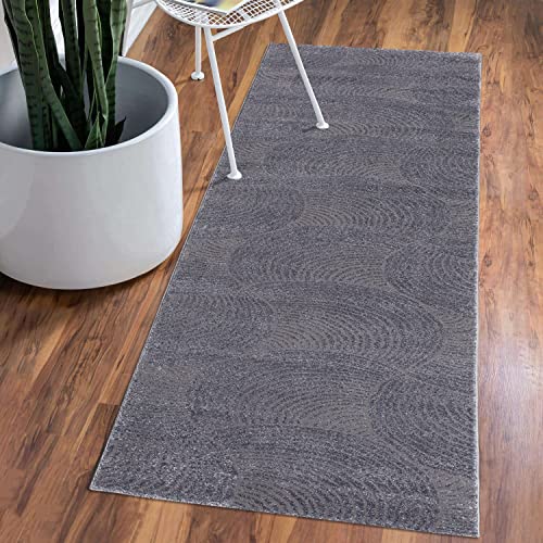 carpet city Teppich Kurzflor Wohnzimmer - Grau, Anthrazit - 80x150 cm Läufer - Friseé mit 3D-Effekt - Kreisförmiges Muster für Schlafzimmer Flur Esszimmer von carpet city