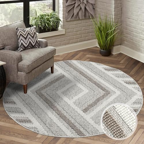 carpet city Teppich Kurzflor Wohnzimmer - Grau, Beige - 200x200 cm Rund - Teppiche Boho-Style - Geo-Muster - Schlafzimmer, Esszimmer von carpet city