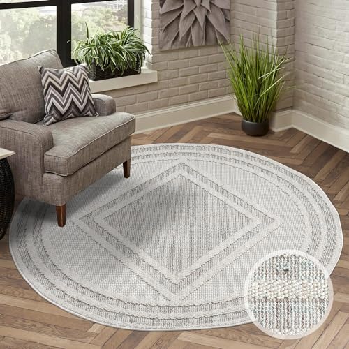 carpet city Teppich Kurzflor Wohnzimmer - Grau, Grün - 120x120 cm Rund - Teppiche Boho-Style - Raute-Optik - Schlafzimmer, Esszimmer von carpet city