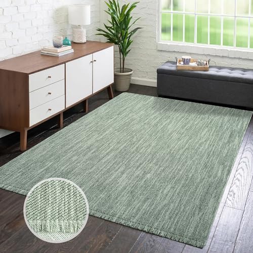 carpet city Teppich Kurzflor Wohnzimmer - Grün - 200x290 cm - Teppiche Fransen Boho-Style - Einfarbig - Schlafzimmer, Esszimmer von carpet city