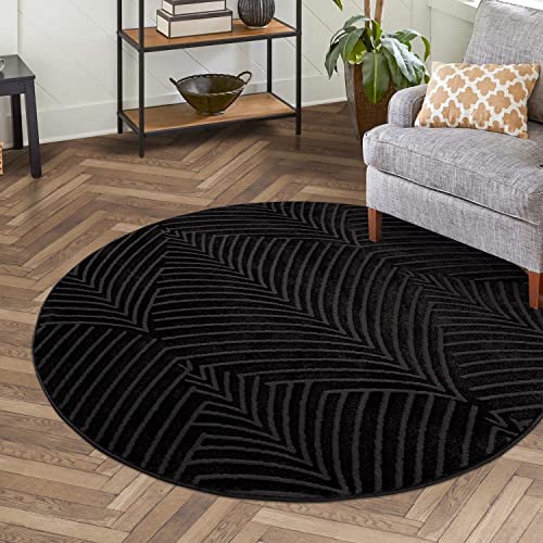 carpet city Teppich Kurzflor Wohnzimmer - Schwarz, Grau - 200 cm Rund - Friseé mit 3D-Effekt - Florales Muster für Schlafzimmer Flur Esszimmer von carpet city